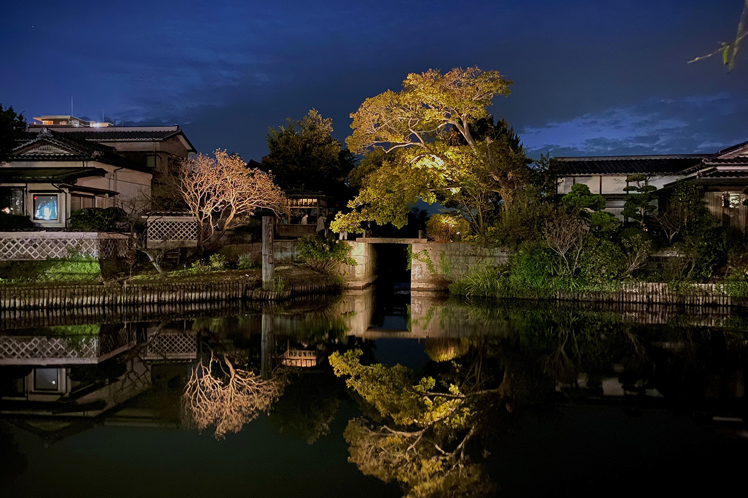 The nightscape along the boating course in Yanagawa was completed